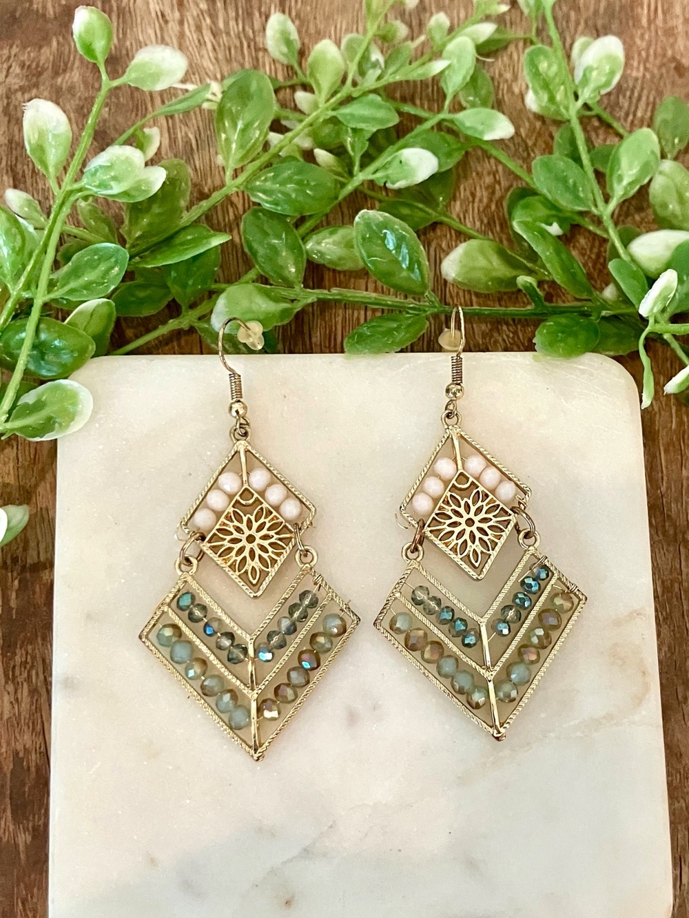 Gold-Tone Chevron Drop Earrings with Green and Pink Accents Boho dangle